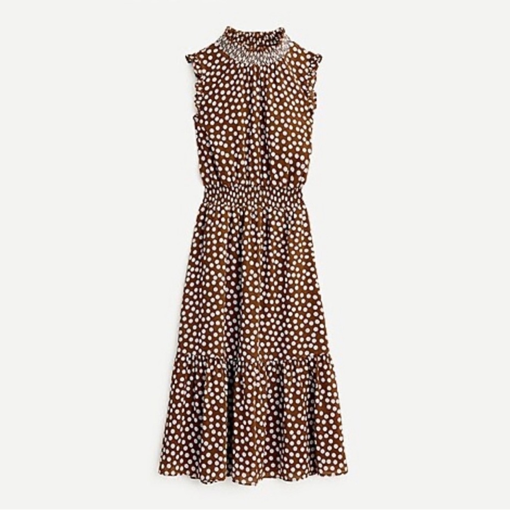J Crew Smocked Waist Midi Dress Polk Dot Brown and White